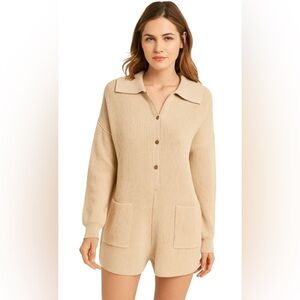 SHIPWRECK LTD MADE WITH LOVE|
COZY RIBBED KNIT COLLARED ROMPER BEIGE |SIZE:SMALL